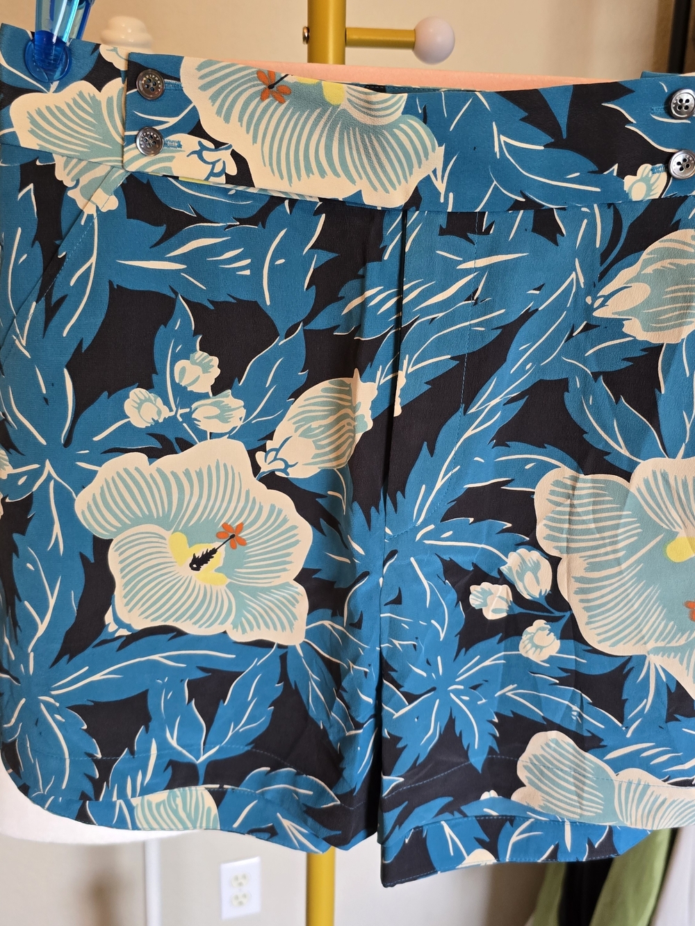 Equipment Hawaiian Silk Blue Floral Mini Shorts with Cream Accents